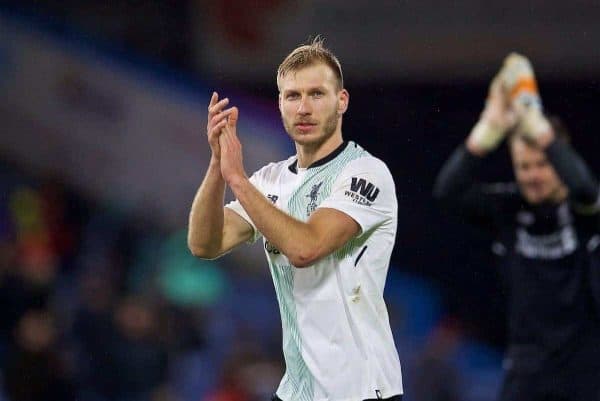LIVERPOOL, ENGLAND - Saturday, December 30, 2017: Liverpool's match-winner Ragnar Klavan celebrates his side's late 2-1 victory over Burnley during the FA Premier League match between Liverpool and Leicester City at Anfield. (Pic by David Rawcliffe/Propaganda)