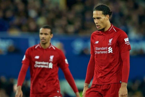 LIVERPOOL, ENGLAND - Sunday, March 3, 2019: Liverpool's Virgil van Dijk (R) and Joel Matip (L) look dejected after the goal-less draw during the FA Premier League match between Everton FC and Liverpool FC, the 233rd Merseyside Derby, at Goodison Park. (Pic by Paul Greenwood/Propaganda)