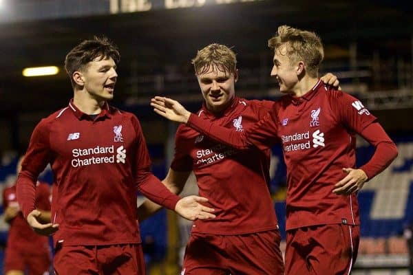 BURY, ENGLAND - Wednesday, March 6, 2019: Liverpool's Jake Cain (R) celebrates scoring the second goal with team-mates Bobby Duncan (L) and captain Paul Glatzel (C) during the FA Youth Cup Quarter-Final match between Bury FC and Liverpool FC at Gigg Lane. (Pic by David Rawcliffe/Propaganda)