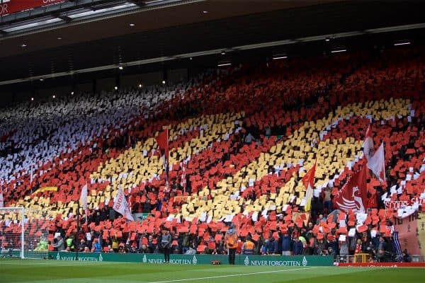 LIVERPOOL, ENGLAND - Sunday, April 14, 2019: Liverpool supporters form a mosaic '96' to remember the victims of the Hillsborough Stadium Disaster during the FA Premier League match between Liverpool FC and Chelsea FC at Anfield. (Pic by David Rawcliffe/Propaganda)