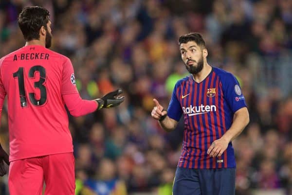 BARCELONA, SPAIN - Wednesday, May 1, 2019: FC Barcelona's Luis Suárez clashes with Liverpool's goalkeeper Alisson Becker during the UEFA Champions League Semi-Final 1st Leg match between FC Barcelona and Liverpool FC at the Camp Nou. (Pic by David Rawcliffe/Propaganda)