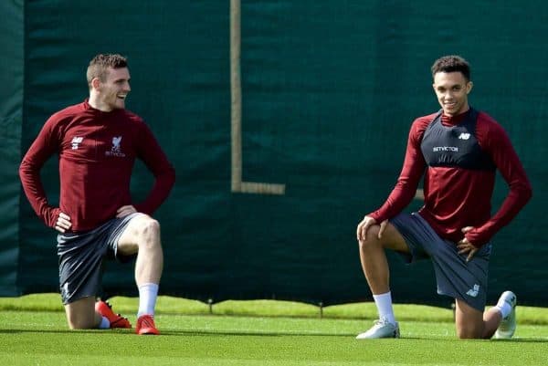 LIVERPOOL, ENGLAND - Monday, May 6, 2019: Liverpool's Andy Robertson (L) and Trent Alexander-Arnold during a training session at Melwood Training Ground ahead of the UEFA Champions League Semi-Final 2nd Leg match between Liverpool FC and FC Barcelona. (Pic by David Rawcliffe/Propaganda)