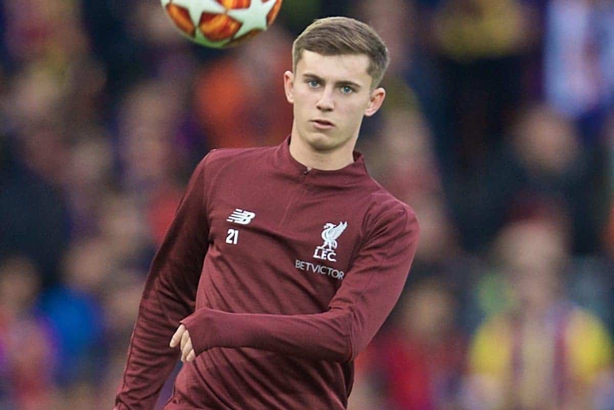 BARCELONA, SPAIN - Wednesday, May 1, 2019: Liverpool's substitute Ben Woodburn during the pre-match warm-up before the UEFA Champions League Semi-Final 1st Leg match between FC Barcelona and Liverpool FC at the Camp Nou. (Pic by David Rawcliffe/Propaganda)