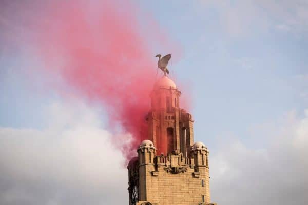 LIVERPOOL, ENGLAND - Sunday, June 2, 2019: Red smoke from the Liver Building during an open-top bus parade through the city after winning the UEFA Champions League Final. Liverpool beat Tottenham Hotspur. 2-0 in Madrid. To claim their sixth European Cup. (Pic by Paul Greenwood/Propaganda)