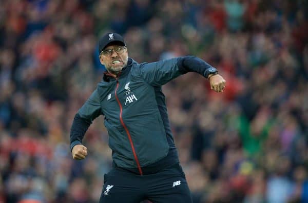 LIVERPOOL, ENGLAND - Saturday, October 5, 2019: Liverpool's manager Jürgen Klopp celebrates in front of the Spion Kop after the FA Premier League match between Liverpool FC and Leicester City FC at Anfield. Liverpool won 2-1. (Pic by David Rawcliffe/Propaganda)