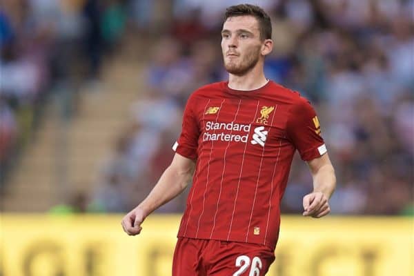 GENEVA, SWITZERLAND - Wednesday, July 31, 2019: Liverpool's Andy Robertson during a pre-season friendly match between Liverpool FC and Olympique Lyonnais at Stade de Genève. (Pic by David Rawcliffe/Propaganda)