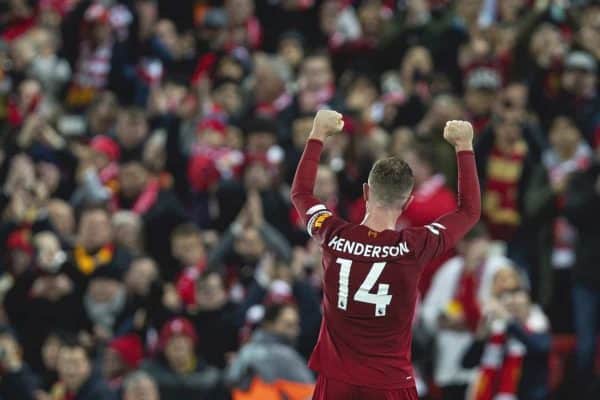 LIVERPOOL, ENGLAND - Thursday, January 2, 2020: Liverpool's captain Jordan Henderson celebrates after the FA Premier League match between Liverpool FC and Sheffield United FC at Anfield. Liverpool won 2-0. (Pic by David Rawcliffe/Propaganda)