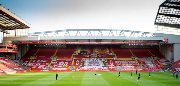 LIVERPOOL, ENGLAND - Wednesday, June 24, 2020: Liverpool supporters' banners on the Spion Kop before the FA Premier League match between Liverpool FC and Crystal Palace FC at Anfield. The game was played behind closed doors due to the UK government’s social distancing laws during the Coronavirus COVID-19 Pandemic. (Pic by David Rawcliffe/Propaganda)