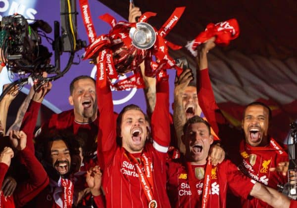LIVERPOOL, ENGLAND - Wednesday, July 22, 2020: Liverpool’s captain Jordan Henderson lifts the Premier League trophy after the FA Premier League match between Liverpool FC and Chelsea FC at Anfield. The game was played behind closed doors due to the UK government’s social distancing laws during the Coronavirus COVID-19 Pandemic. Liverpool won 5-3. (Pic by David Rawcliffe/Propaganda)