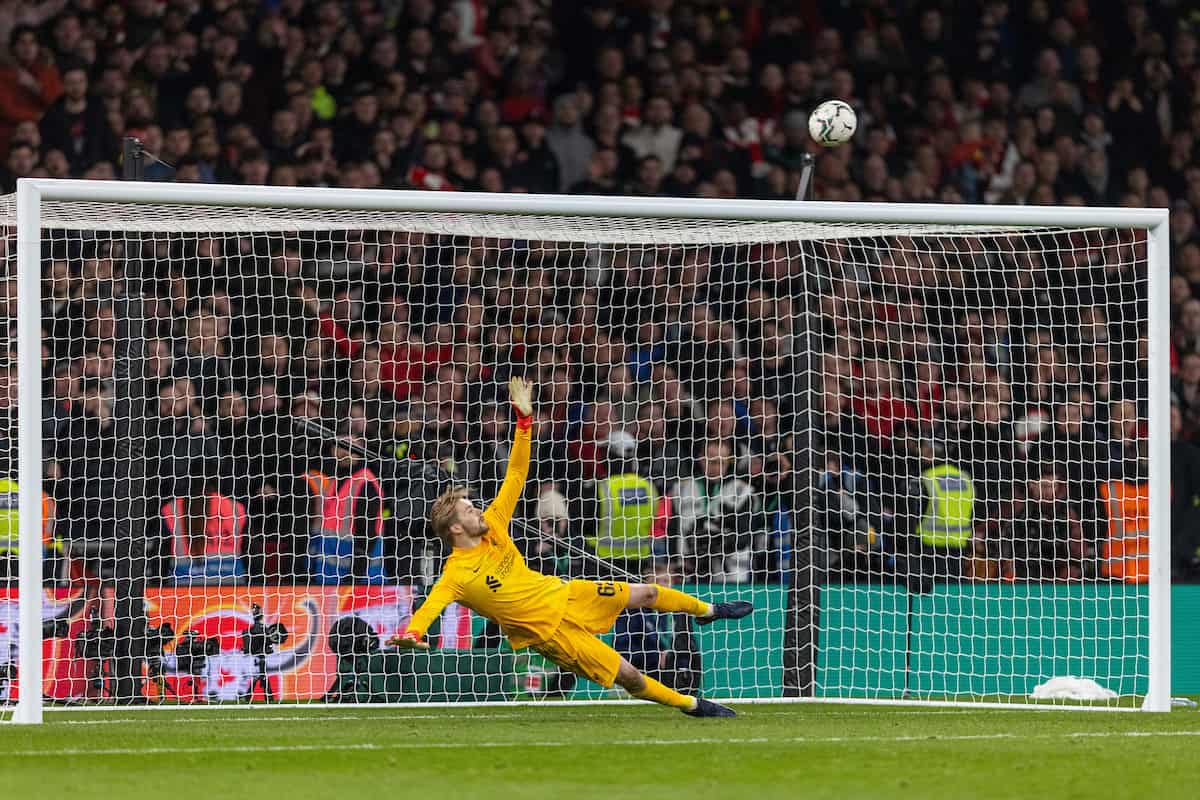 LONDON, ENGLAND - Sunday, February 27, 2022: Liverpool's goalkeeper Caoimhin Kelleher looks on as Chelsea's goalkeeper Kepa Arrizabalaga sends his penalty kick over the bar in the penalty shoot out during the Football League Cup Final match between Chelsea FC and Liverpool FC at Wembley Stadium. (Pic by David Rawcliffe/Propaganda)