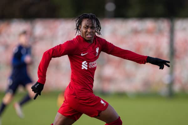 LIVERPOOL, ENGLAND - Saturday, January 7, 2023: Liverpool's Francis Gyimah during the Under-18 Premier League North match between Liverpool FC Under-18's and Blackburn Rovers FC Under-18's at the Liverpool Academy. (Pic by David Rawcliffe/Propaganda)