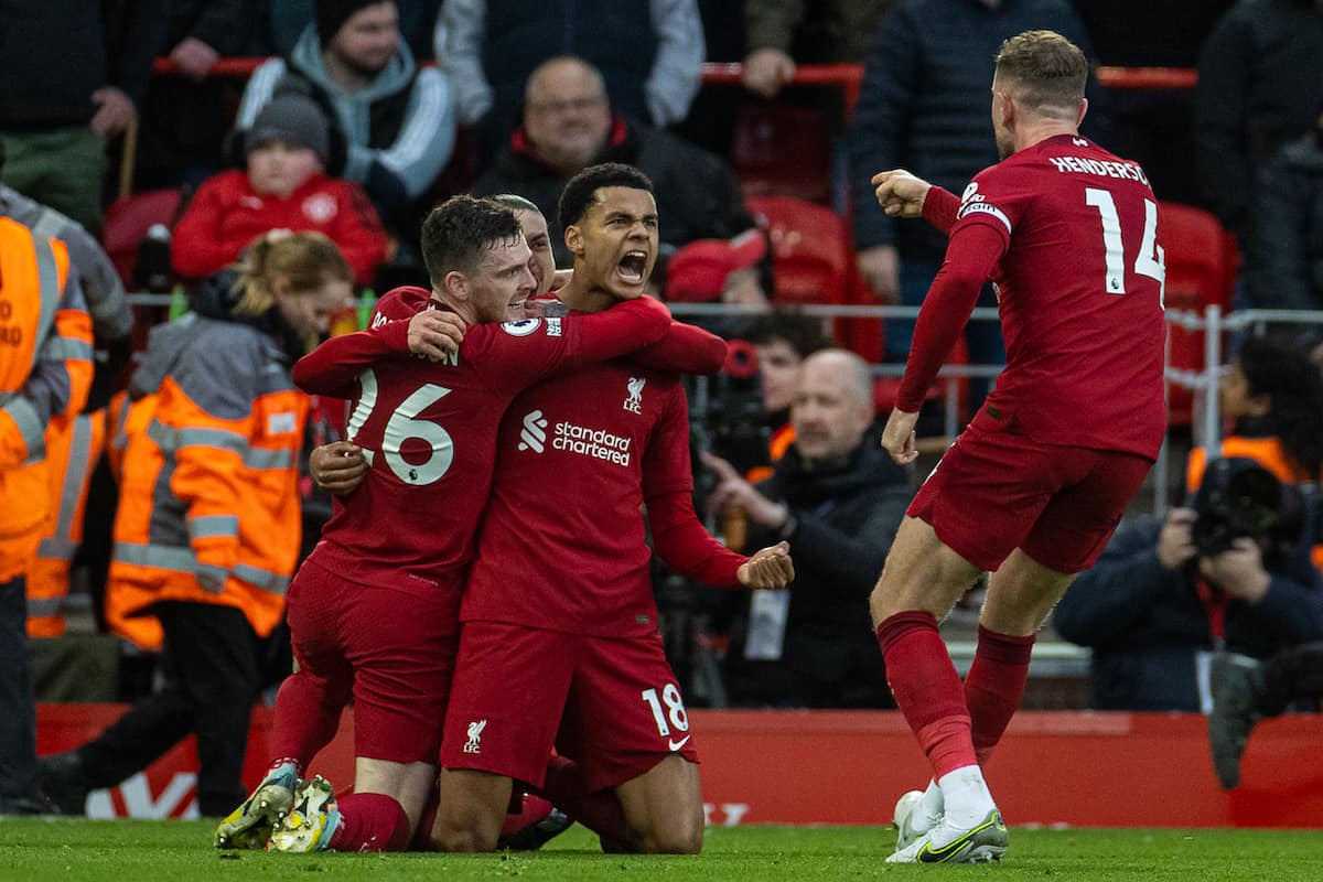 LIVERPOOL, ENGLAND - Sunday, March 5, 2023: Liverpool's Cody Gakpo celebrates after scoring the opening goal during the FA Premier League match between Liverpool FC and Manchester United FC at Anfield. (Pic by David Rawcliffe/Propaganda)