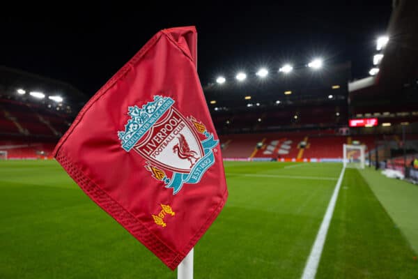 LIVERPOOL, ENGLAND - Thursday, November 30, 2023: A tribute to the 97 victims of the Hillsborough Stadium Disaster seen on the corner flag ahead of the UEFA Europa League Group E matchday 5 game between Liverpool FC and LASK at Anfield. (Photo by David Rawcliffe/Propaganda)