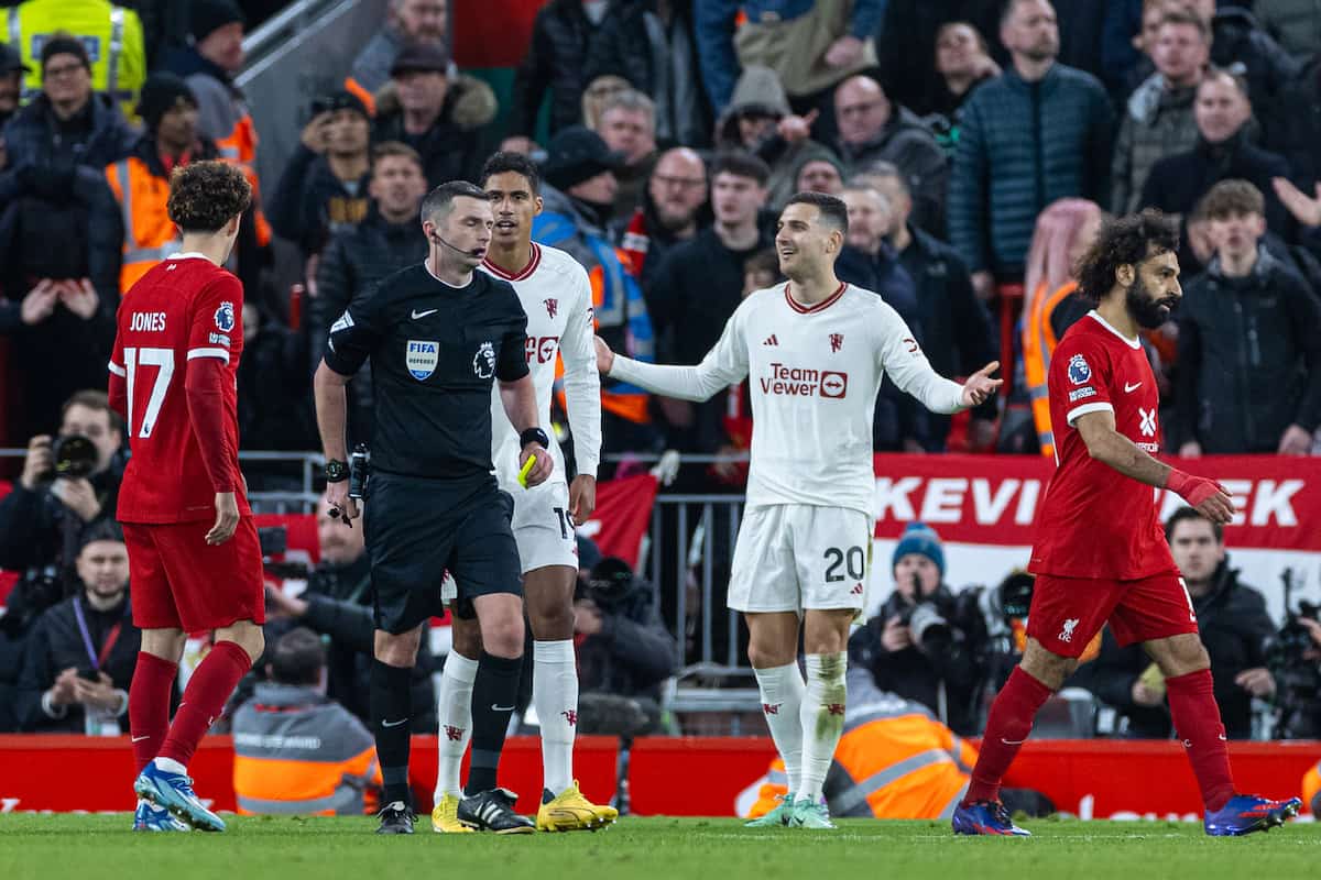 LIVERPOOL, ENGLAND - Sunday, December 17, 2023: Manchester United's Diogo Dalot walks off after being sent off for two yellow cards for dissent during the FA Premier League match between Liverpool FC and Manchester United FC at Anfield. (Photo by David Rawcliffe/Propaganda)