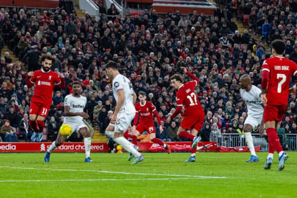 LIVERPOOL, ENGLAND - Wednesday, December 20, 2023: Liverpool's Curtis Jones scores the fifth goal during the Football League Cup Quarter-Final match between Liverpool FC and West Ham United FC at Anfield. (Photo by David Rawcliffe/Propaganda)
