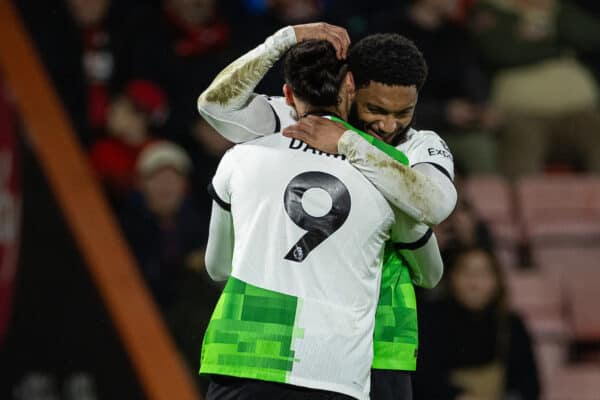 BOURNEMOUTH, ENGLAND - Sunday, January 21, 2024: Liverpool's Darwin Núñez (L) celebrates with team-mate Joe Gomez after scoring the fourth goal during the FA Premier League match between AFC Bournemouth and Liverpool FC at Dean Court. (Photo by David Rawcliffe/Propaganda)