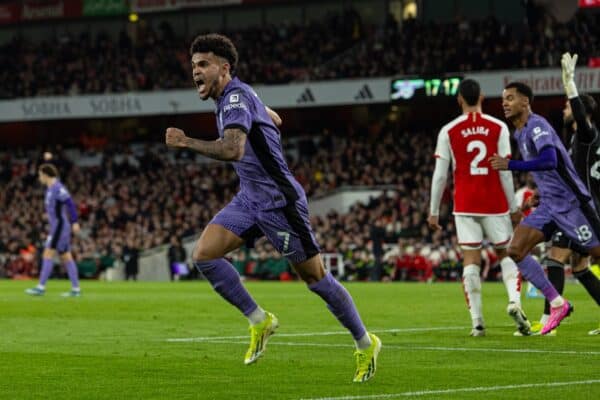 LONDON, ENGLAND - Sunday, February 4, 2024: Liverpool's Luis Díaz celebrates his side's first equalising goal during the FA Premier League match between Arsenal FC and Liverpool FC at the Emirates Stadium. (Photo by David Rawcliffe/Propaganda)