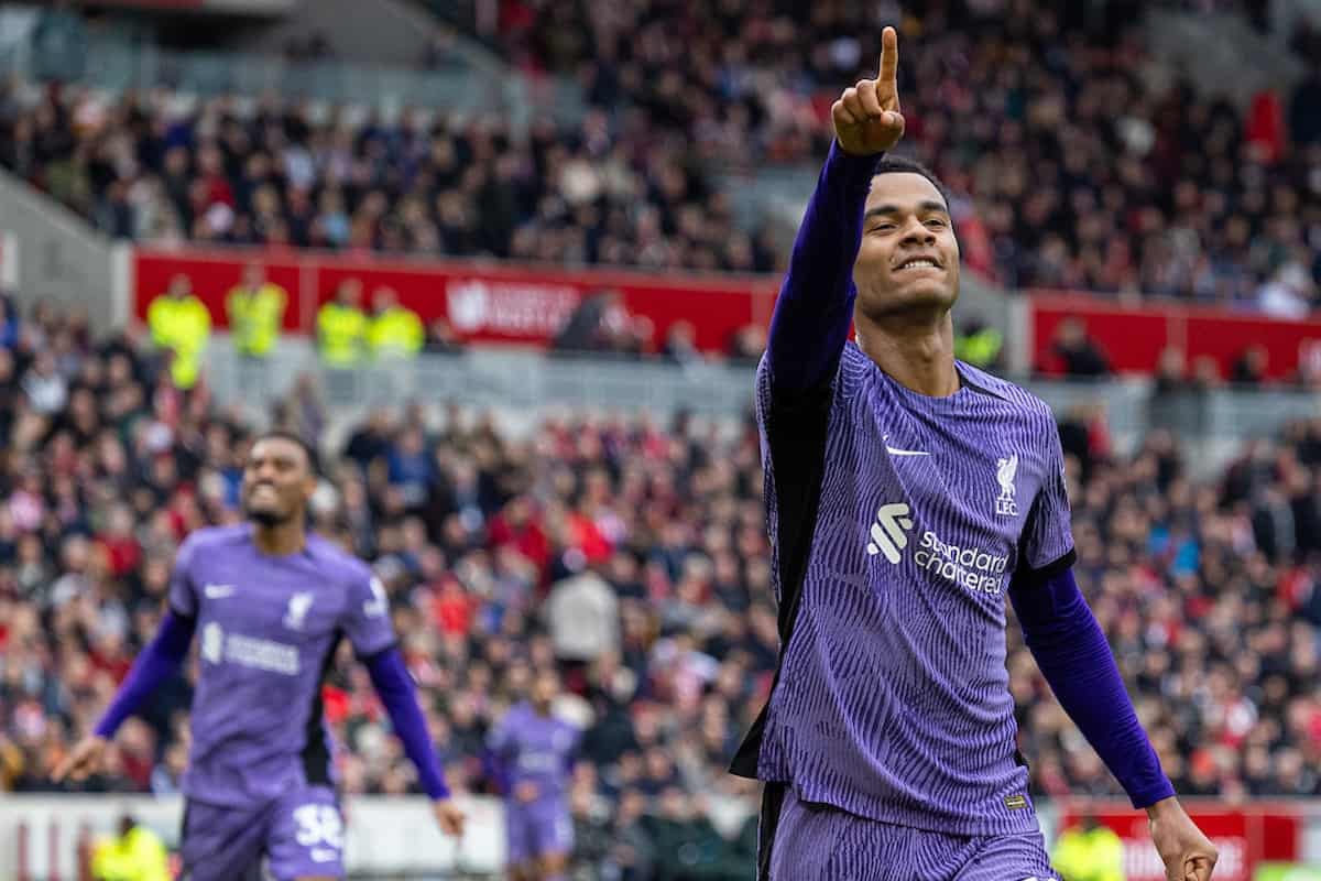 LONDON, ENGLAND - Saturday, February 17, 2024: Liverpool's Cody Gakpo celebrates after scoring the fourth goal during the FA Premier League match between Brentford FC and Liverpool FC at the Brentford Community Stadium. (Photo by David Rawcliffe/Propaganda)