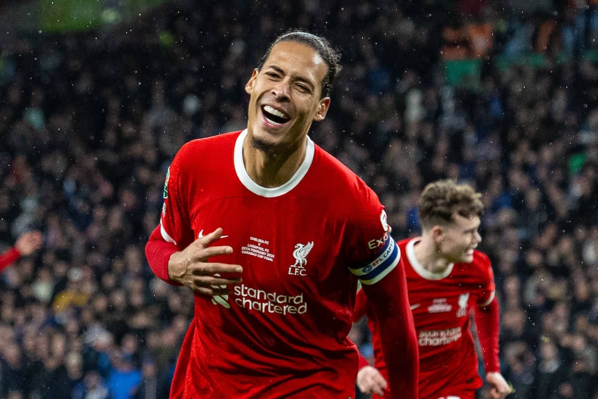 LONDON, ENGLAND - Sunday, February 25, 2024: Liverpool's captain Virgil van Dijk celebrates after scoring the winning goal in extra time during the Football League Cup Final match between Chelsea FC and Liverpool FC at Wembley Stadium. (Photo by David Rawcliffe/Propaganda)