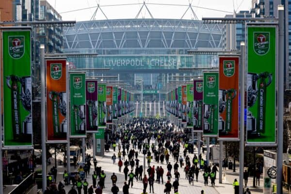 LONDON, ENGLAND - Sunday, February 25, 2024: Supporters arrive on Wembley Way before the Football League Cup Final match between Chelsea FC and Liverpool FC at Wembley Stadium. (Photo by David Rawcliffe/Propaganda)