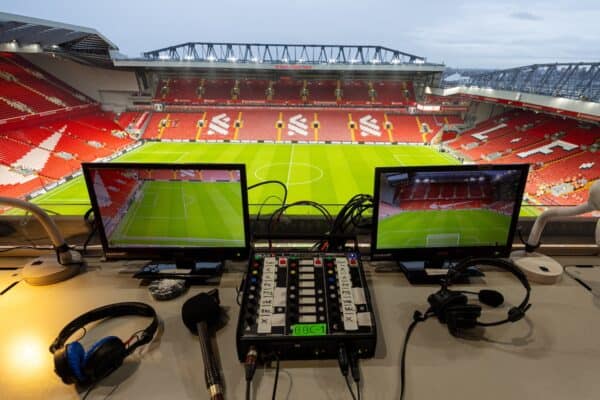 LIVERPOOL, ENGLAND - Wednesday, February 28, 2024: A general view from a broadcast position seen ahead of the FA Cup 5th Round match between Liverpool FC and Southampton FC at Anfield. TV. Camera (Photo by David Rawcliffe/Propaganda)