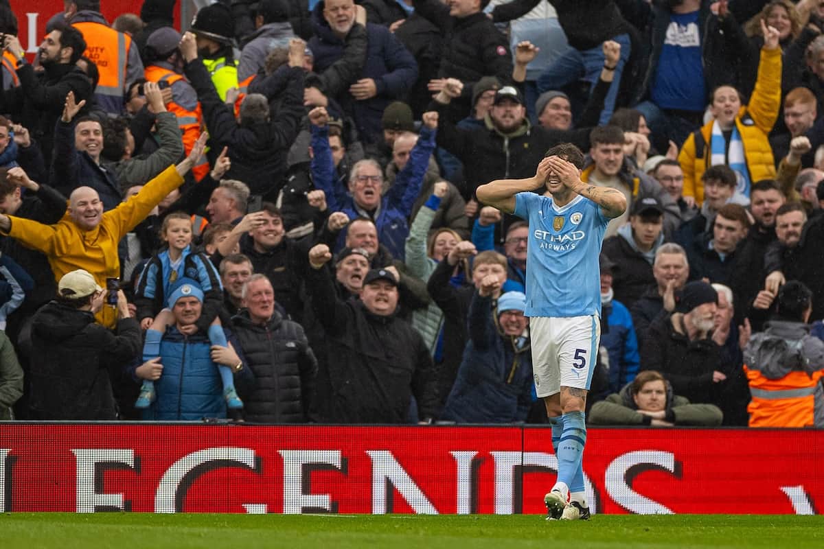 LIVERPOOL, ENGLAND - Sunday, March 10, 2024: Manchester City's John Stones celebrates after scoring the first goal during the FA Premier League match between Liverpool FC and Manchester City FC at Anfield. (Photo by David Rawcliffe/Propaganda)