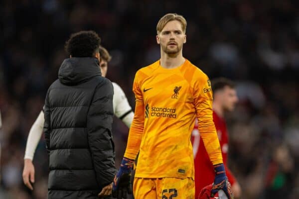 MANCHESTER, ENGLAND - Sunday, March 17, 2024: Liverpool goalkeeper Caoimhin Kelleher looks dejected after the FA Cup quarter-final match between Manchester United FC and Liverpool FC at Old Trafford.  Manchester United won 4-3 in extra time.  (Photo by David Rawcliffe/Propagand)