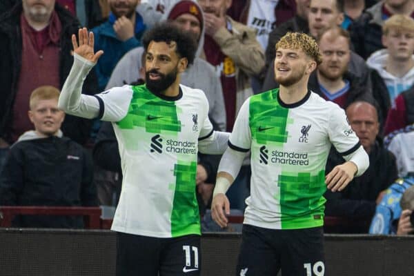 BIRMINGHAM, ENGLAND - Monday, May 13, 2024: Liverpool's Harvey Elliott (R) celebrateswith team-mate Mohamed Salah after forcing the opening goal, and own-goal from Aston Villa's goalkeeper Emiliano Martínez, during the FA Premier League match between Aston Villa FC and Liverpool FC at Villa Park. (Photo by David Rawcliffe/Propaganda)