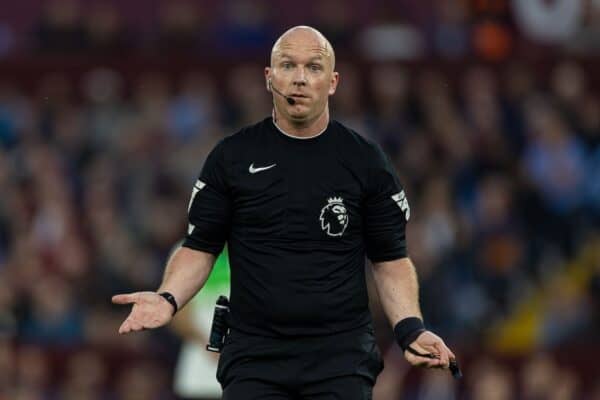 BIRMINGHAM, ENGLAND - Monday, May 13, 2024: Referee Simon Hooper reacts as he produces another performance full of errors during the FA Premier League match between Aston Villa FC and Liverpool FC at Villa Park. (Photo by David Rawcliffe/Propaganda)