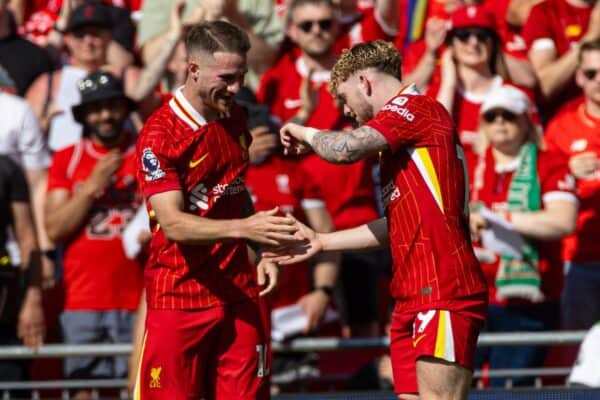 LIVERPOOL, ENGLAND - Saturday 18 May 2024: Liverpool's Alexis Mac Allister celebrates with team mate Harvey Elliott (R) after scoring the opening goal during the FA Premier League match between Liverpool FC and Wolverhampton Wanderers FC at Anfield.  (Photo by David Rawcliffe/Propagand)