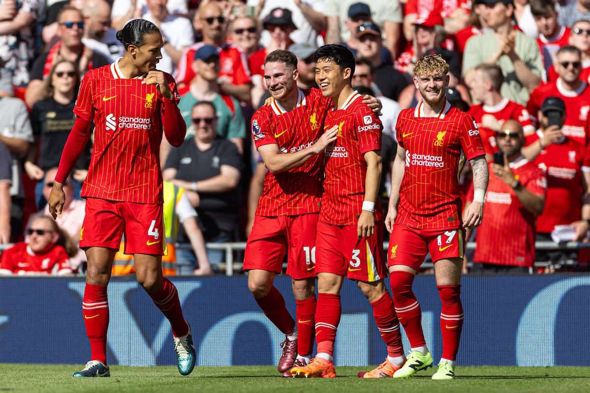 LIVERPOOL, ENGLAND - Saturday, May 18, 2024: Liverpool's Alexis Mac Allister celebrates with team-mate Wataru End? (R) after scoring the opening goal during the FA Premier League match between Liverpool FC and Wolverhampton Wanderers FC at Anfield. (Photo by David Rawcliffe/Propaganda)