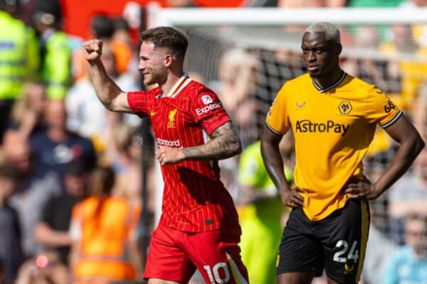 LIVERPOOL, INGHILTERRA - Sabato 18 maggio 2024: Alexis Mac Allister del Liverpool esulta dopo aver segnato il gol di apertura durante la partita della FA Premier League tra Liverpool FC e Wolverhampton Wanderers FC ad Anfield. (Foto di David Rawcliffe/Propaganda)