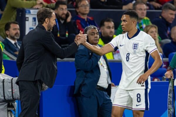 GELSENKIRCHEN, GERMANY - Sunday, June 16, 2024: England's Trent Alexander-Arnold (R) shakes hands with head coach Gareth Southgate as he walks to the bench as he is substituted during the UEFA Euro 2024 Group C match between Serbia and England at the Arena AufSchalke. (Photo by David Rawcliffe/Propaganda)