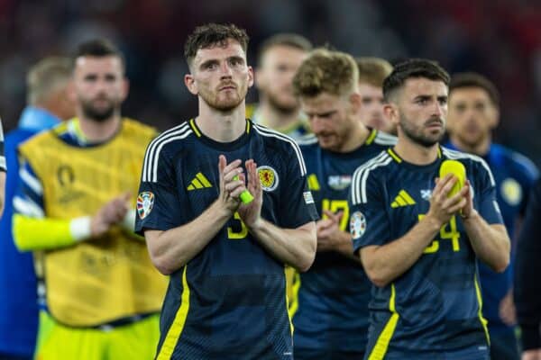 STUTTGART, GERMANY - Sunday, June 23, 2024: Scotland's captain Andy Robertson applauds the supporters at the final whistle during the UEFA Euro 2024 Group A match between Scotland and Hungary at the Stuttgart Arena. Hungary won 1-0. (Photo by David Rawcliffe/Propaganda)