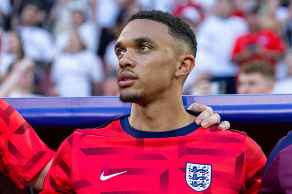 COLOGNE, GERMANY - Tuesday, June 25, 2024: England's substitute Trent Alexander-Arnold on the bench before the UEFA Euro 2024 Group C match between England and Slovenia at the Müngersdorfer Stadium. (Photo by David Rawcliffe/Propaganda)
