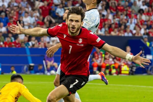 GELSENKIRCHEN, GERMANY - Wednesday, June 26, 2024: Georgia's Khvicha Kvaratskhelia celebrates after scoring the opening goal during the UEFA Euro 2024 Group F match between Georgia and Portugal at the Arena AufSchalke. (Photo by David Rawcliffe/Propaganda)