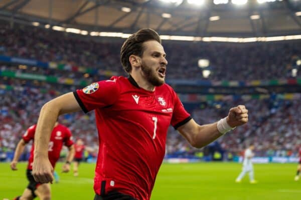 GELSENKIRCHEN, GERMANY - Wednesday, June 26, 2024: Georgia's Khvicha Kvaratskhelia celebrates after scoring the opening goal during the UEFA Euro 2024 Group F match between Georgia and Portugal at the Arena AufSchalke. (Photo by David Rawcliffe/Propaganda)