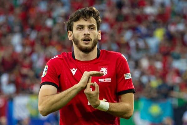 GELSENKIRCHEN, GERMANY - Wednesday, June 26, 2024: Georgia's Khvicha Kvaratskhelia celebrates after scoring the opening goal during the UEFA Euro 2024 Group F match between Georgia and Portugal at the Arena AufSchalke. (Photo by David Rawcliffe/Propaganda)