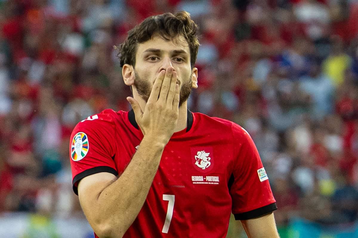 GELSENKIRCHEN, GERMANY - Wednesday, June 26, 2024: Georgia's Khvicha Kvaratskhelia celebrates after scoring the opening goal during the UEFA Euro 2024 Group F match between Georgia and Portugal at the Arena AufSchalke. (Photo by David Rawcliffe/Propaganda)