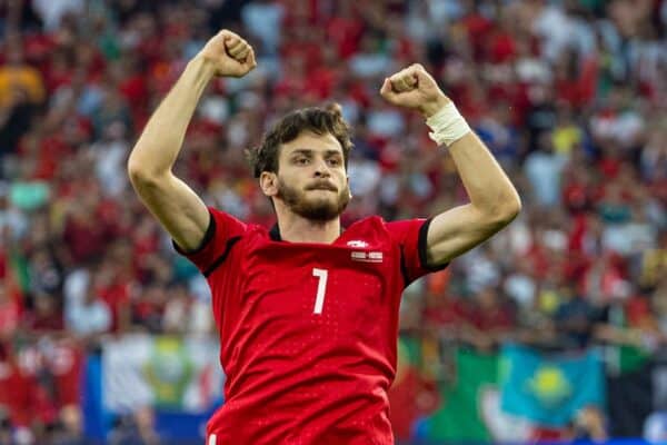 GELSENKIRCHEN, GERMANY - Wednesday, June 26, 2024: Georgia's Khvicha Kvaratskhelia celebrates after scoring the opening goal during the UEFA Euro 2024 Group F match between Georgia and Portugal at the Arena AufSchalke. (Photo by David Rawcliffe/Propaganda)