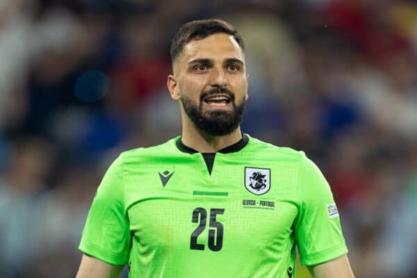 GELSENKIRCHEN, GERMANY - Wednesday, June 26, 2024: Georgia's goalkeeper Giorgi Mamardashvili during the UEFA Euro 2024 Group F match between Georgia and Portugal at the Arena AufSchalke. (Photo by David Rawcliffe/Propaganda)