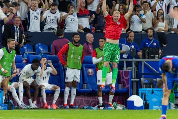 GELSENKIRCHEN, GERMANY - Sunday, June 30, 2024: England's goalkeeper Aaron Ramsdale celebrates at the final whistle after the UEFA Euro 2024 Round of 16 match between England and Slovakia at the Arena AufSchalke. England won 2-1 after extra-time. (Photo by David Rawcliffe/Propaganda)