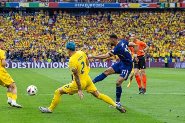MUNICH, GERMANY - Tuesday, July 2, 2024: Netherlands' Cody Gakpo scores the opening goal during the UEFA Euro 2024 Round of 16 match between Romania and the Netherlands at the Allianz Arena. (Photo by David Rawcliffe/Propaganda)