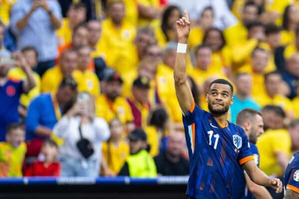 MUNICH, GERMANY - Tuesday, July 2, 2024: Netherlands' Cody Gakpo celebrates after scoring the opening goal during the UEFA Euro 2024 Round of 16 match between Romania and the Netherlands at the Allianz Arena. (Photo by David Rawcliffe/Propaganda)