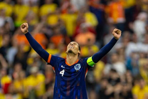 MUNICH, GERMANY - Tuesday, July 2, 2024: Netherlands' captain Virgil van Dijk celebrates his side's third goal during the UEFA Euro 2024 Round of 16 match between Romania and the Netherlands at the Allianz Arena. The Netherlands won 3-0.(Photo by David Rawcliffe/Propaganda)