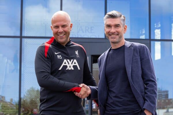 KIRKBY, ENGLAND - Friday, July 5, 2024: Liverpool's new head coach Arne Slott (L) and Sporting Director Richard Hughes are presented at a photo call at the club's AXA Training Centre. (Photo by David Rawcliffe/Propaganda)