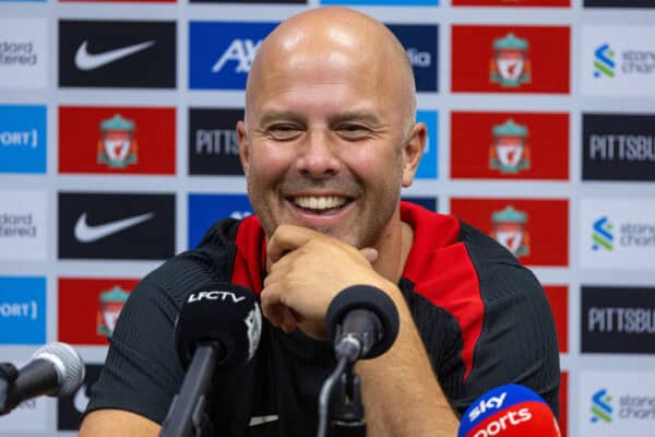 PITTSBURGH - Thursday, July 25, 2024: Liverpool's head coach Arne Slot during a pre-match press conference ahead of the pre-season friendly against Real Betis on day two of the club's pre-season tour of the USA. (Photo by David Rawcliffe/Propaganda)