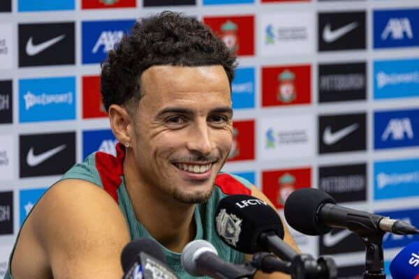 PITTSBURGH - Thursday, July 25, 2024: Liverpool's Curtis Jones during a pre-match press conference ahead of the pre-season friendly against Real Betis on day two of the club's pre-season tour of the USA. (Photo by David Rawcliffe/Propaganda)