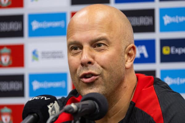 PITTSBURGH - Thursday, July 25, 2024: Liverpool's head coach Arne Slot during a pre-match press conference ahead of the pre-season friendly against Real Betis on day two of the club's pre-season tour of the USA. (Photo by David Rawcliffe/Propaganda)