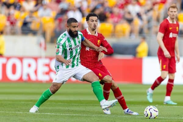  Real Betis Balompié's captain Nabil Fekir is challenged by Liverpool's Curtis Jones during a pre-season friendly match between Liverpool and Real Betis Balompié at the Acrisure Stadium on day three of the club's pre-season tour of the USA. (Photo by David Rawcliffe/Propaganda)